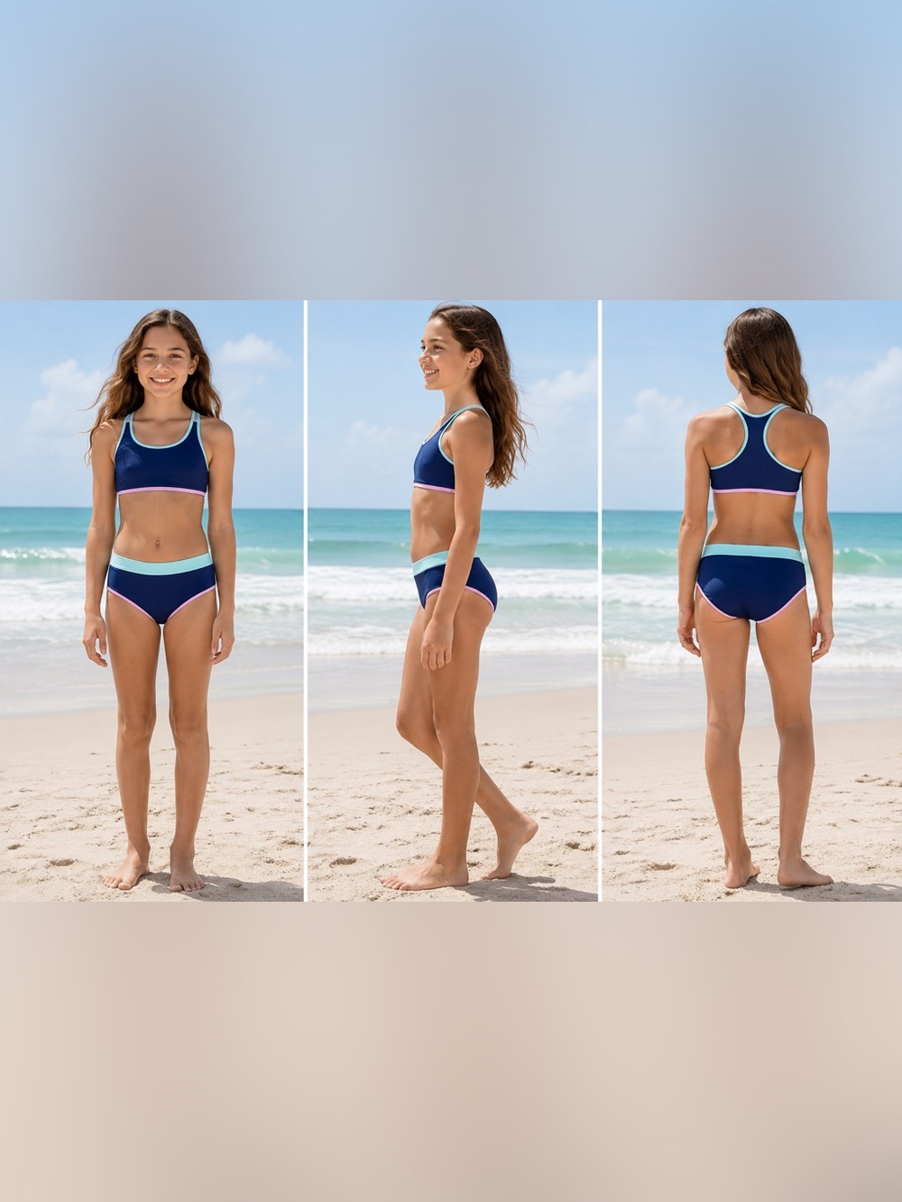 Athleta Girls Navy Bikini with Mint and Pink Trim